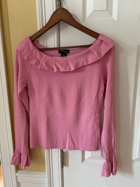 Grace Knitwear Pink Ruffled Off-Shoulder Ribbed Long-Sleeve Top - size Medium
